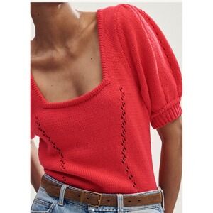 ME+EM Red Chunky Cotton Fashioned Square Neck Tee Size Small